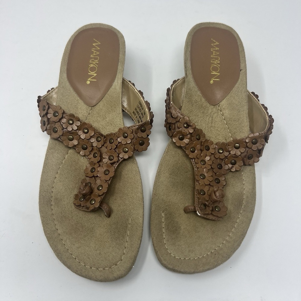 Y2K Boho Studded Floral Leather Thong Wedge Sandals Brown Womens 7.5 Markon